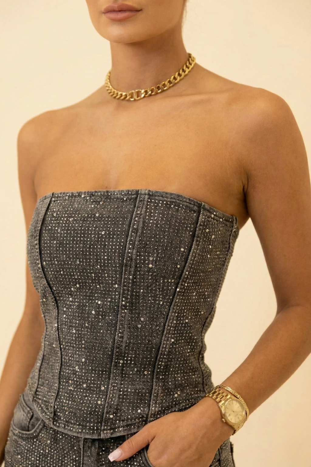 Women’s Strapless Glitter Two-Piece Set with High-Waisted Pants – Occasion Co-Ord