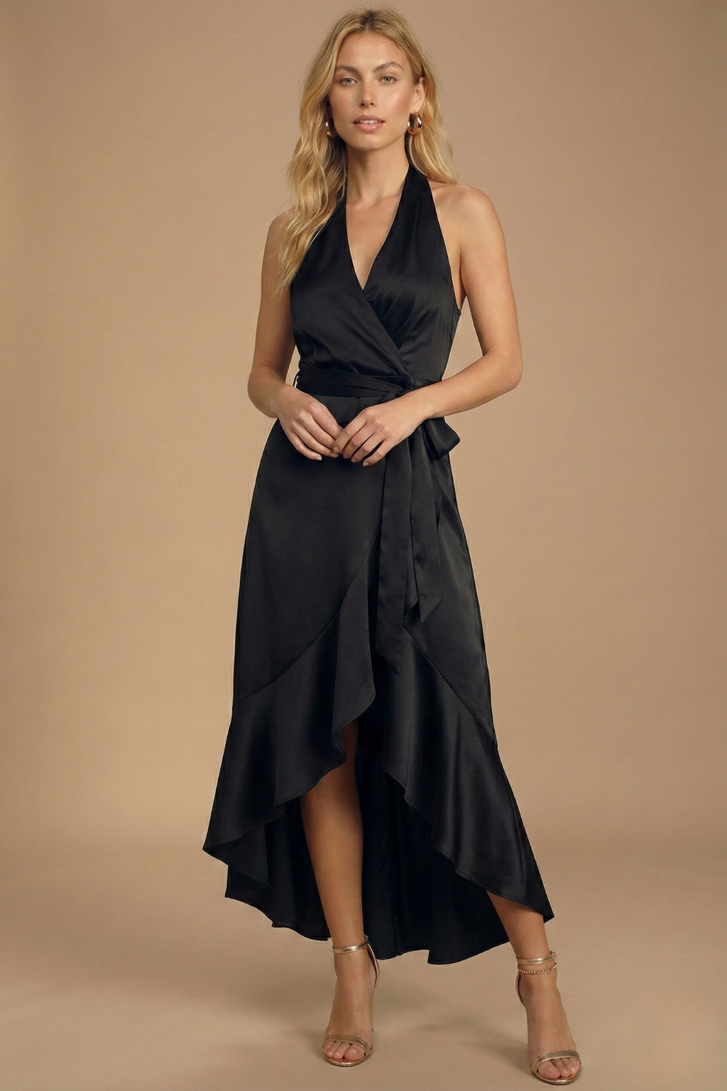 Women’s Halter Neck Maxi Evening Dress with Ruffle Detail and High Slit Elegant Occasion Gown