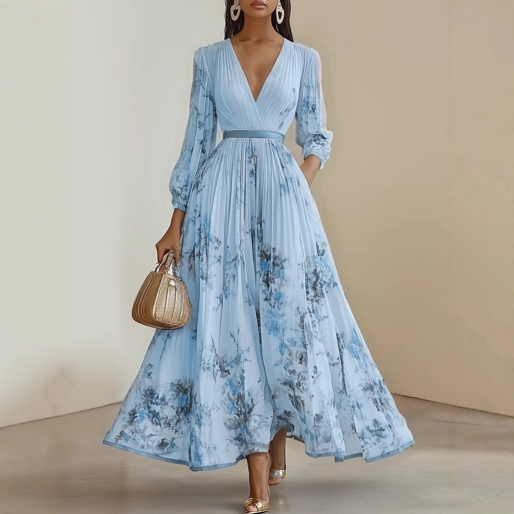 Women's Floral Maxi Dress V-Neck Long Sleeve Wrap Style