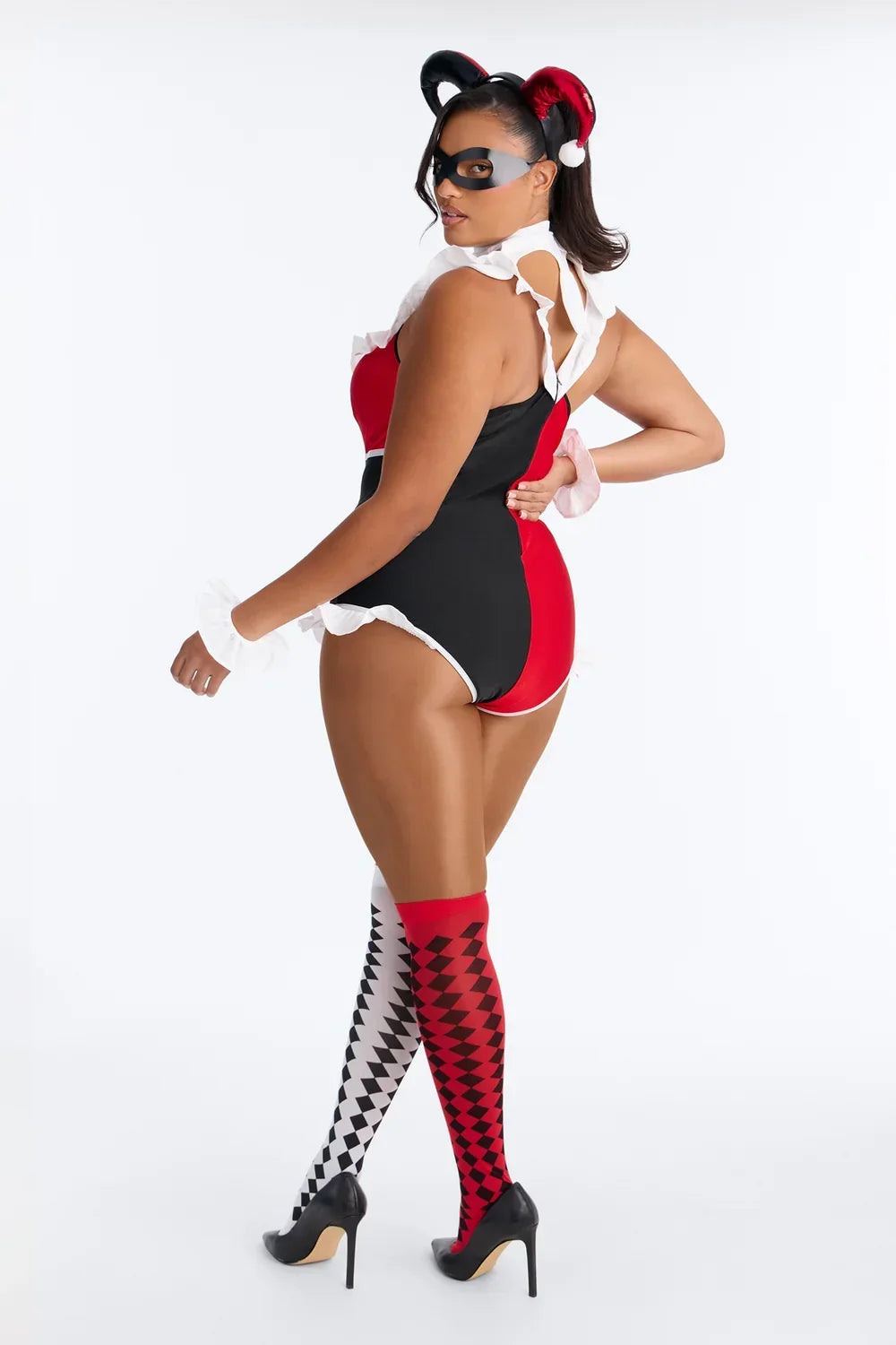 Six Piece Costume Set with Bodysuit and Thigh High Stockings, Mask, Collar, Cuffs