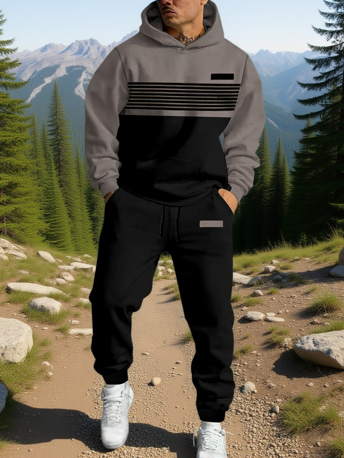 Pullover Hoodie with Color Block Panels and Adjustable Hood, Relaxed Fit