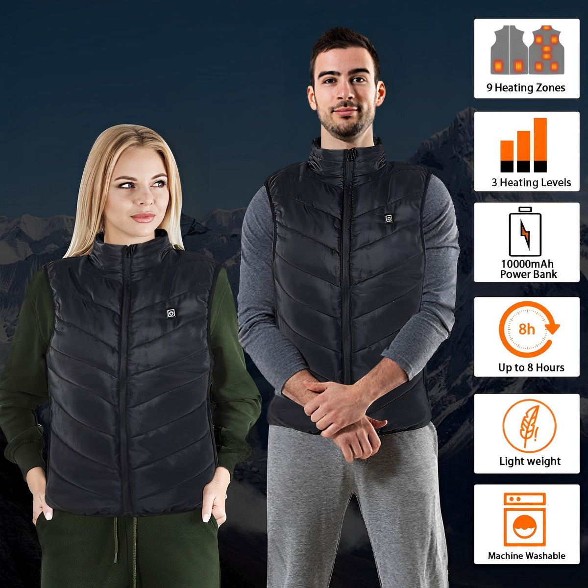 Heated Vest with Four Carbon Fiber Zones and Power Bank, 8-Hour Runtime
