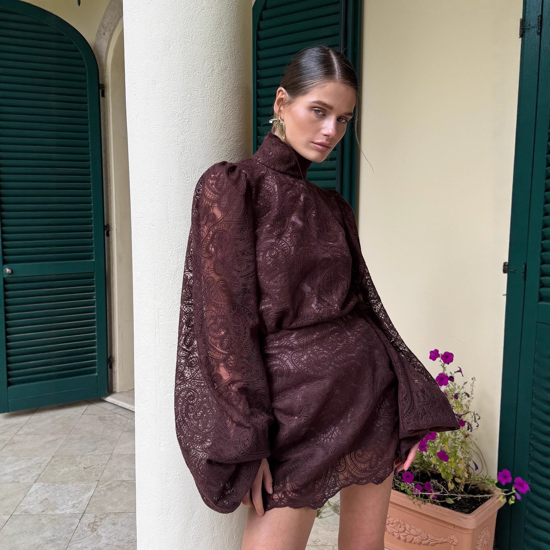Women's High Neck Lace Bell Sleeve Top and Mini Skirt Two Piece Set