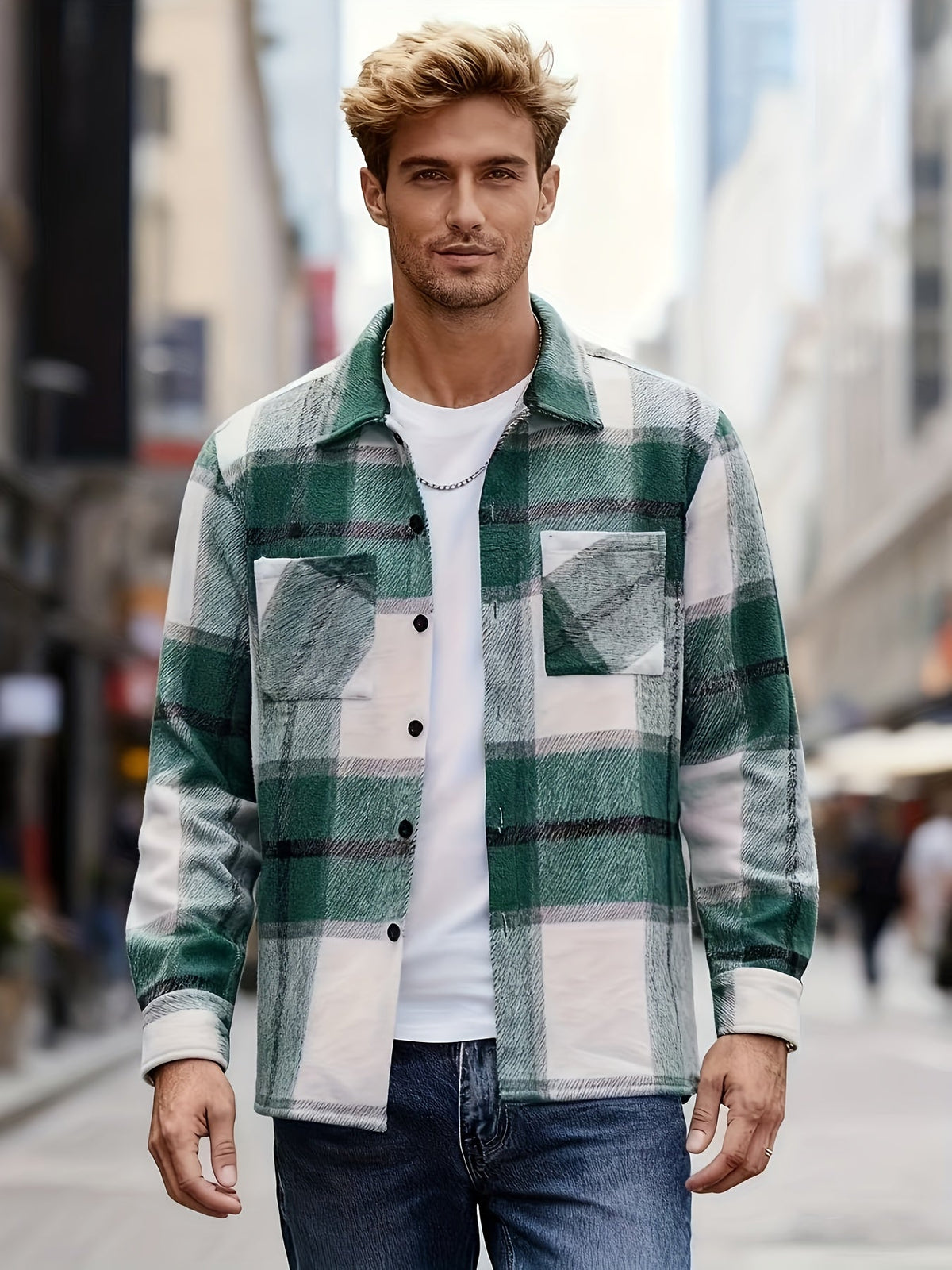 Check Grid Button Front Overshirt with Chest Pockets and Adjustable Cuffs