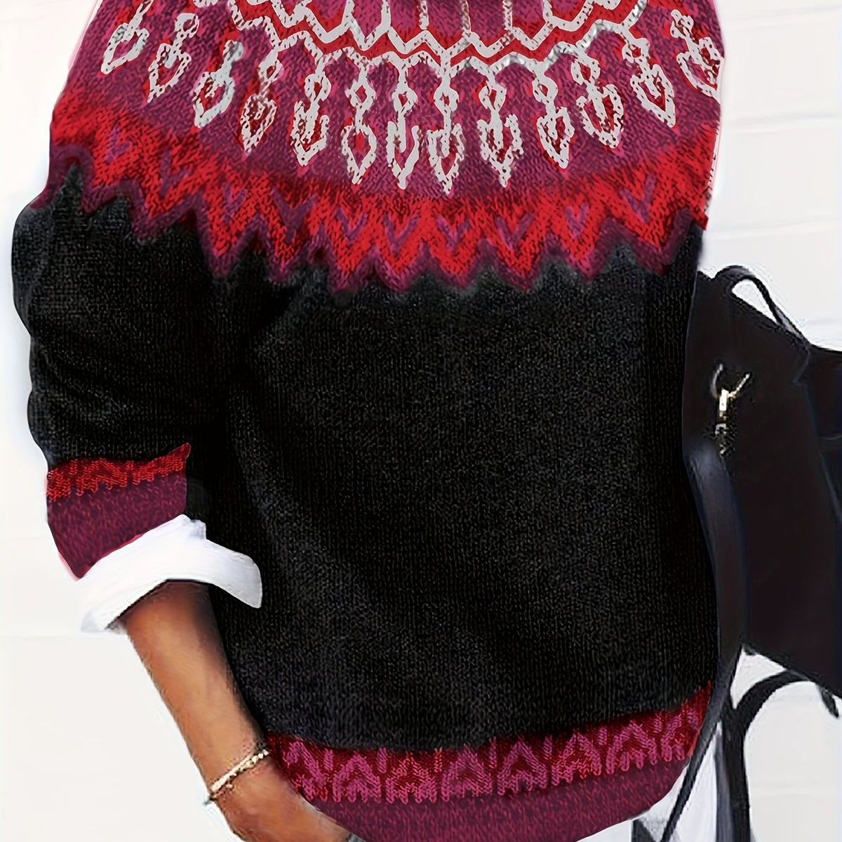 Chunky Knit Sweater with Jacquard Weave Pattern and Round Neck, Hip Length