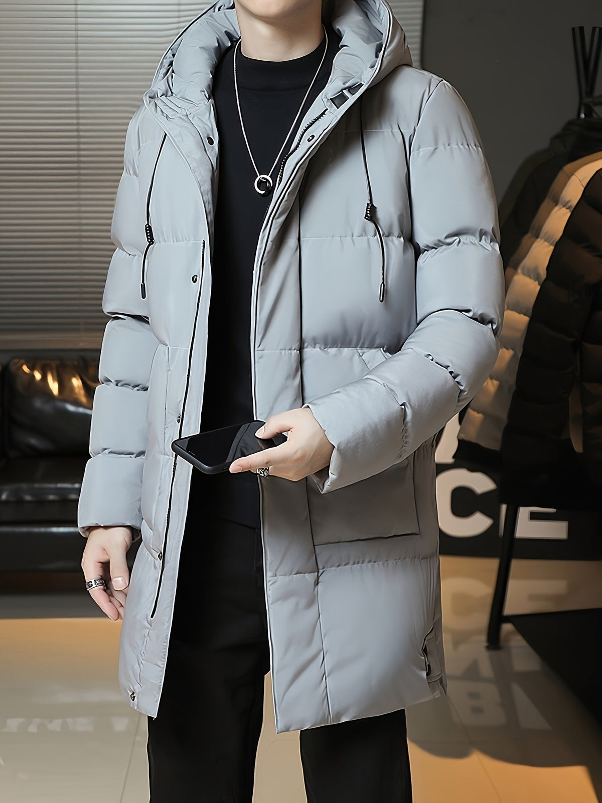 Padded Longline Coat with Adjustable Hood and Full Zipper