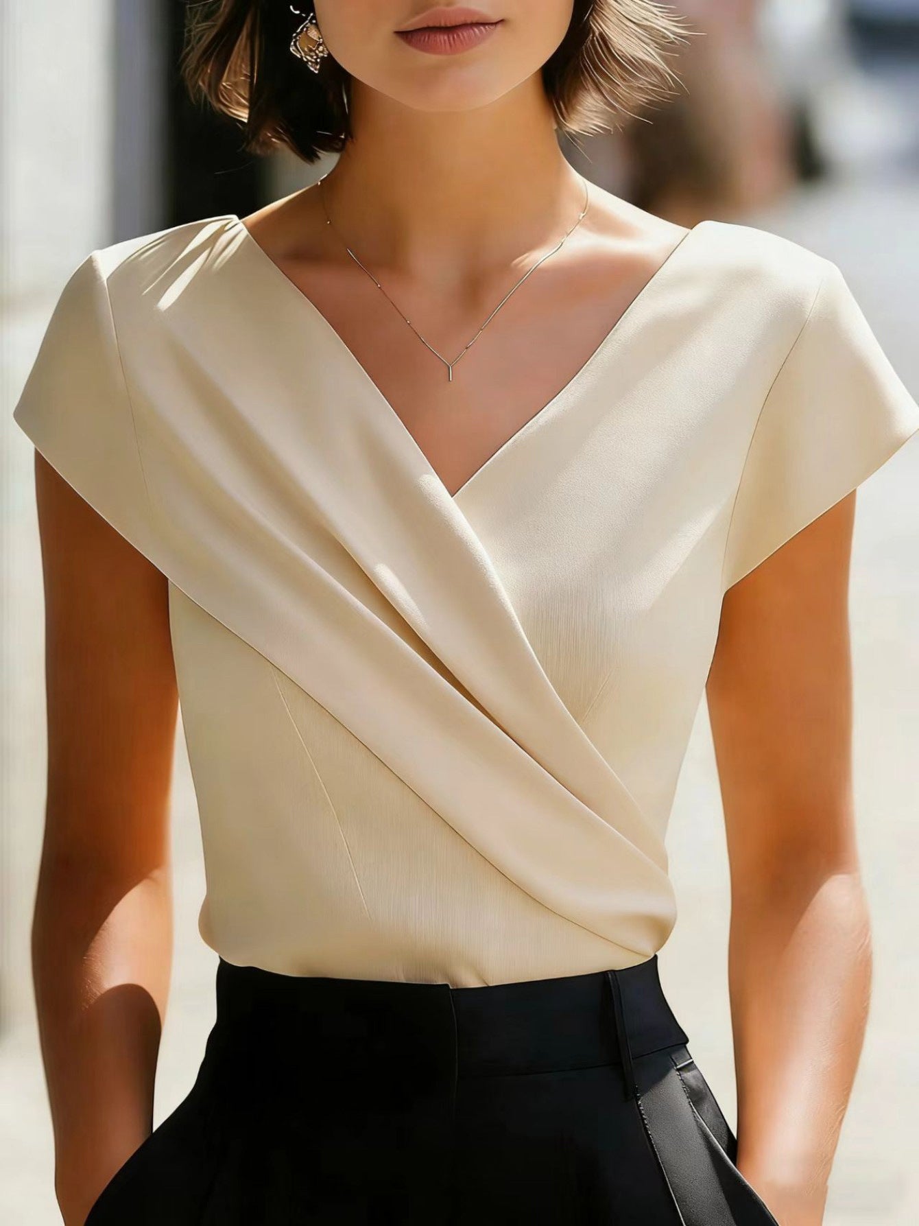 Women's V-Neck Cap Sleeve Crossover Draped Wrap Blouse