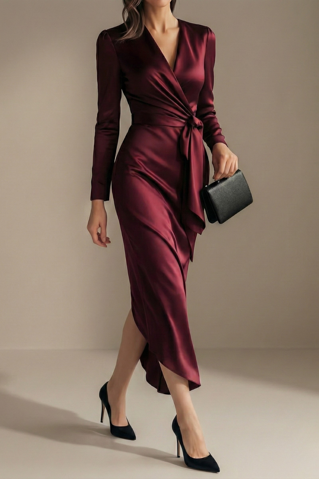 Women’s Burgundy Long Sleeve Midi Wrap Dress with Waist Tie Elegant Occasion Style