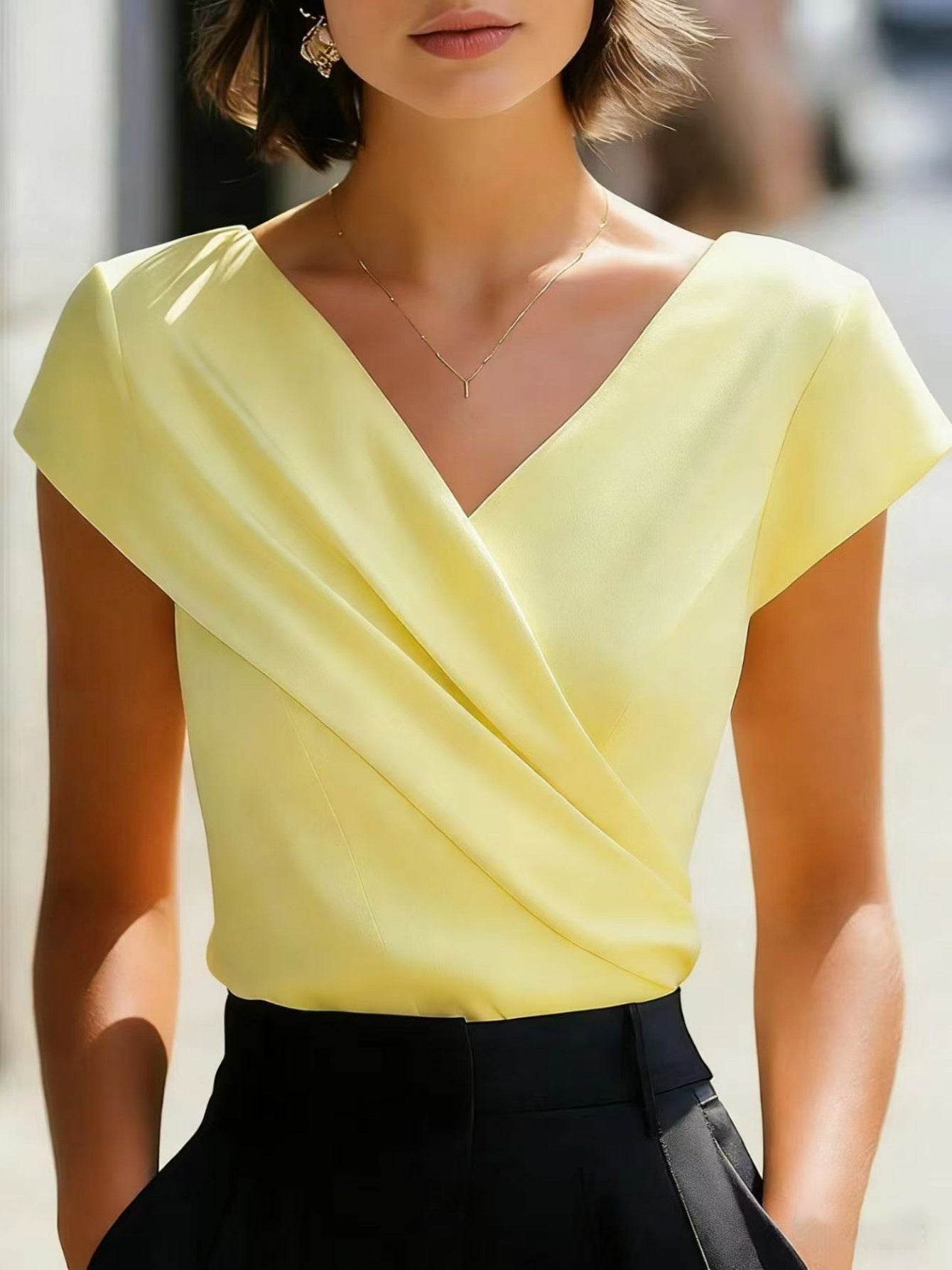 Women's V-Neck Cap Sleeve Crossover Draped Wrap Blouse