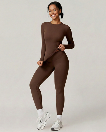 Zweiteiliges Activewear-Set – Schlank geschnittenes Langarmshirt – Hoch taillierte Leggings, passendes Outfit