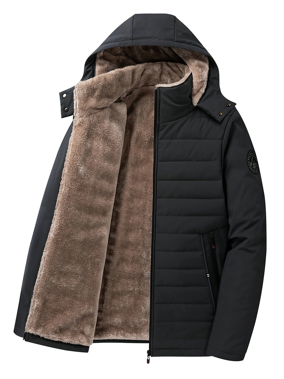 Quilted Hooded Coat with Insulated Lining and Smooth Front Zipper, Hip Length