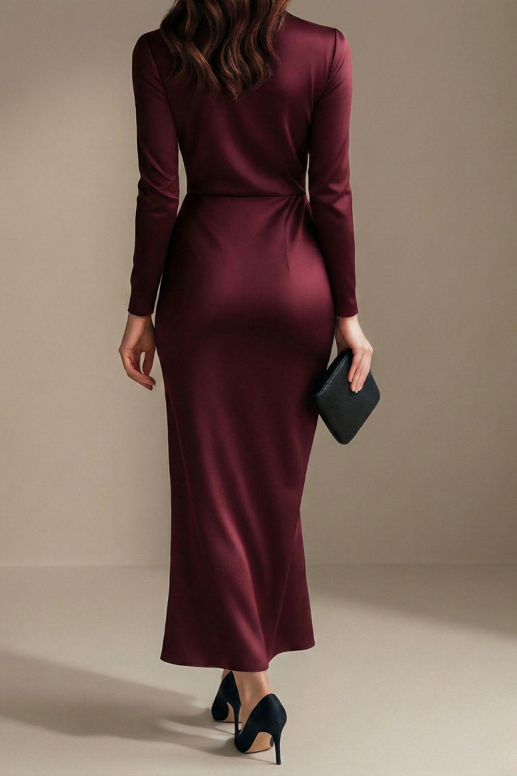 Women’s Burgundy Long Sleeve Midi Wrap Dress with Waist Tie Elegant Occasion Style