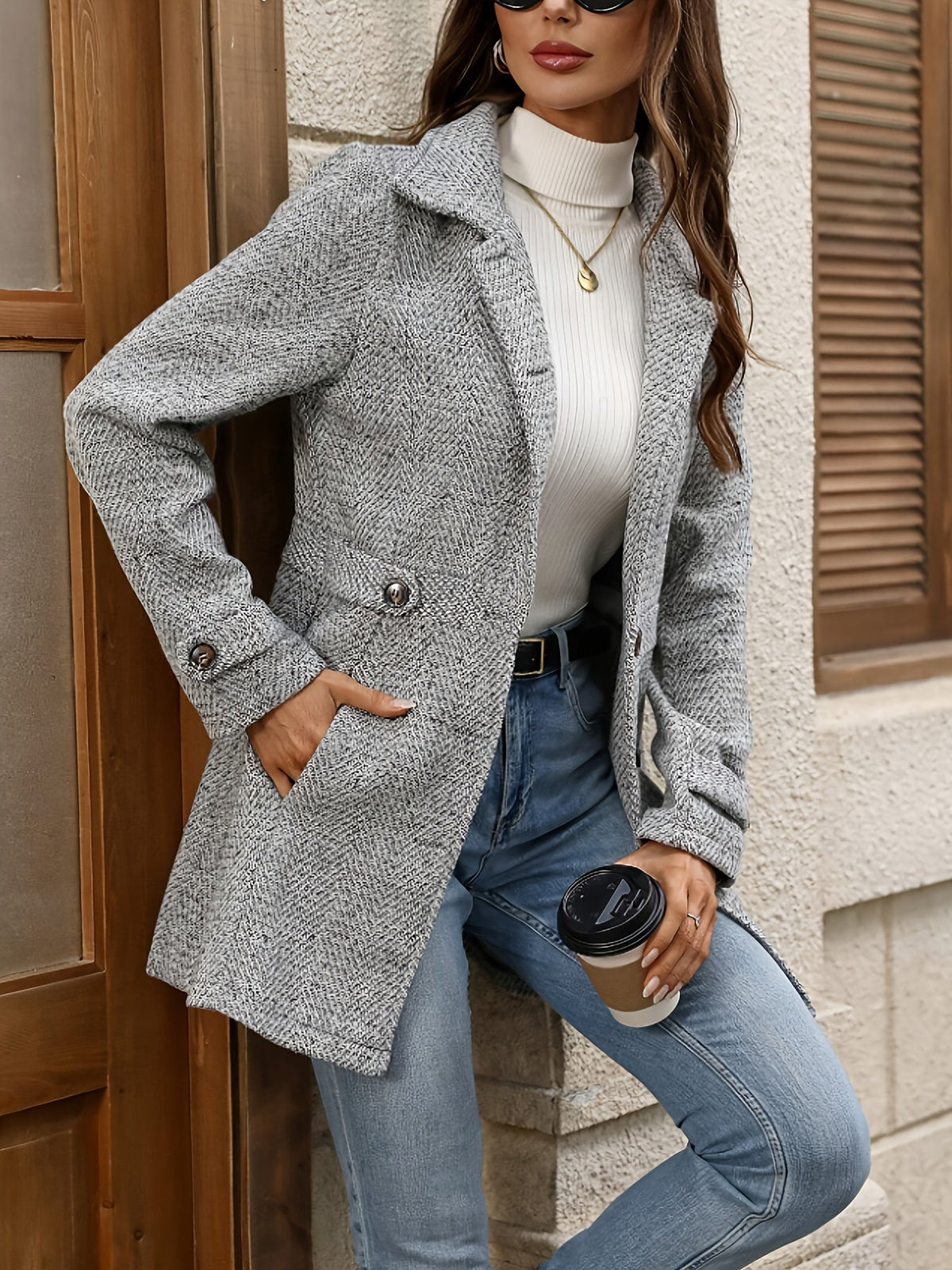 Herringbone Coat with Button Waist Detail and Classic Collar, Below Hip Length