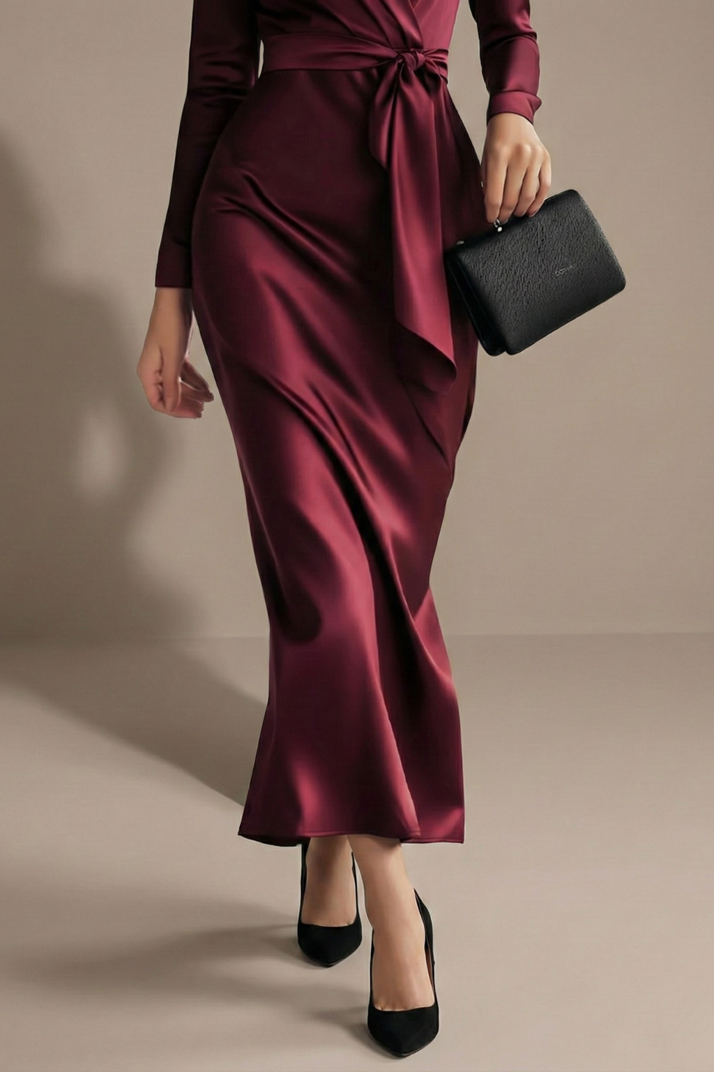 Women’s Burgundy Long Sleeve Midi Wrap Dress with Waist Tie Elegant Occasion Style