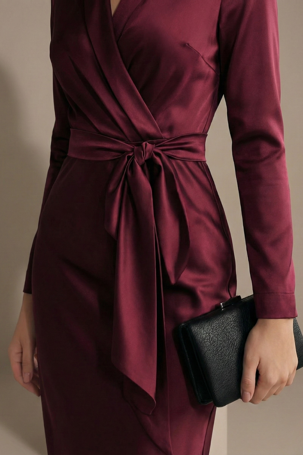 Women’s Burgundy Long Sleeve Midi Wrap Dress with Waist Tie Elegant Occasion Style