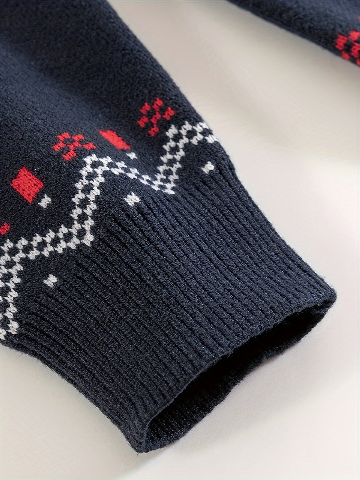 Round Neck Sweater with Snowflake Pattern and Ribbed Cuffs, Machine Washable