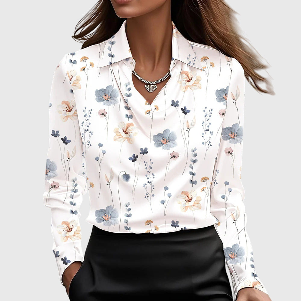 Women's Relaxed Fit Blouse with Draped Neckline and Defined Waist