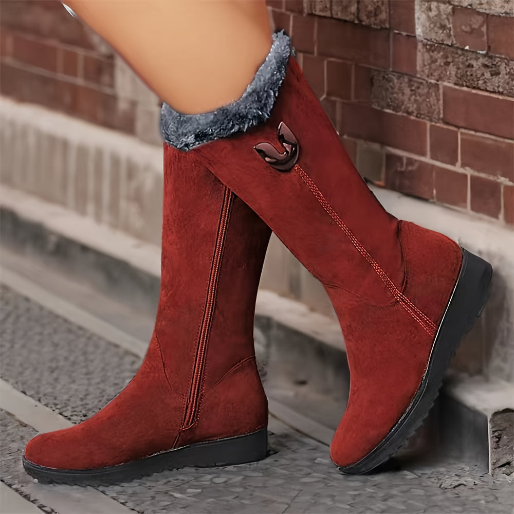 Slip-On Mid Calf Winter Boots with Textured Anti-Slip Sole and Plush Lining