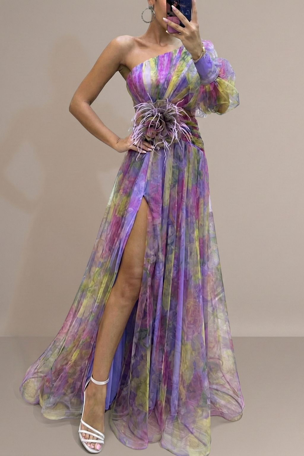 Women’s Floral Maxi Dress with Asymmetric Sleeve High Slit and Waist Detail Elegant Event Style