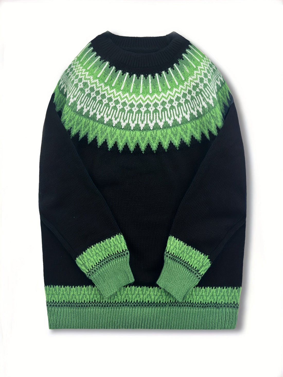 Chunky Knit Sweater with Jacquard Weave Pattern and Round Neck, Hip Length