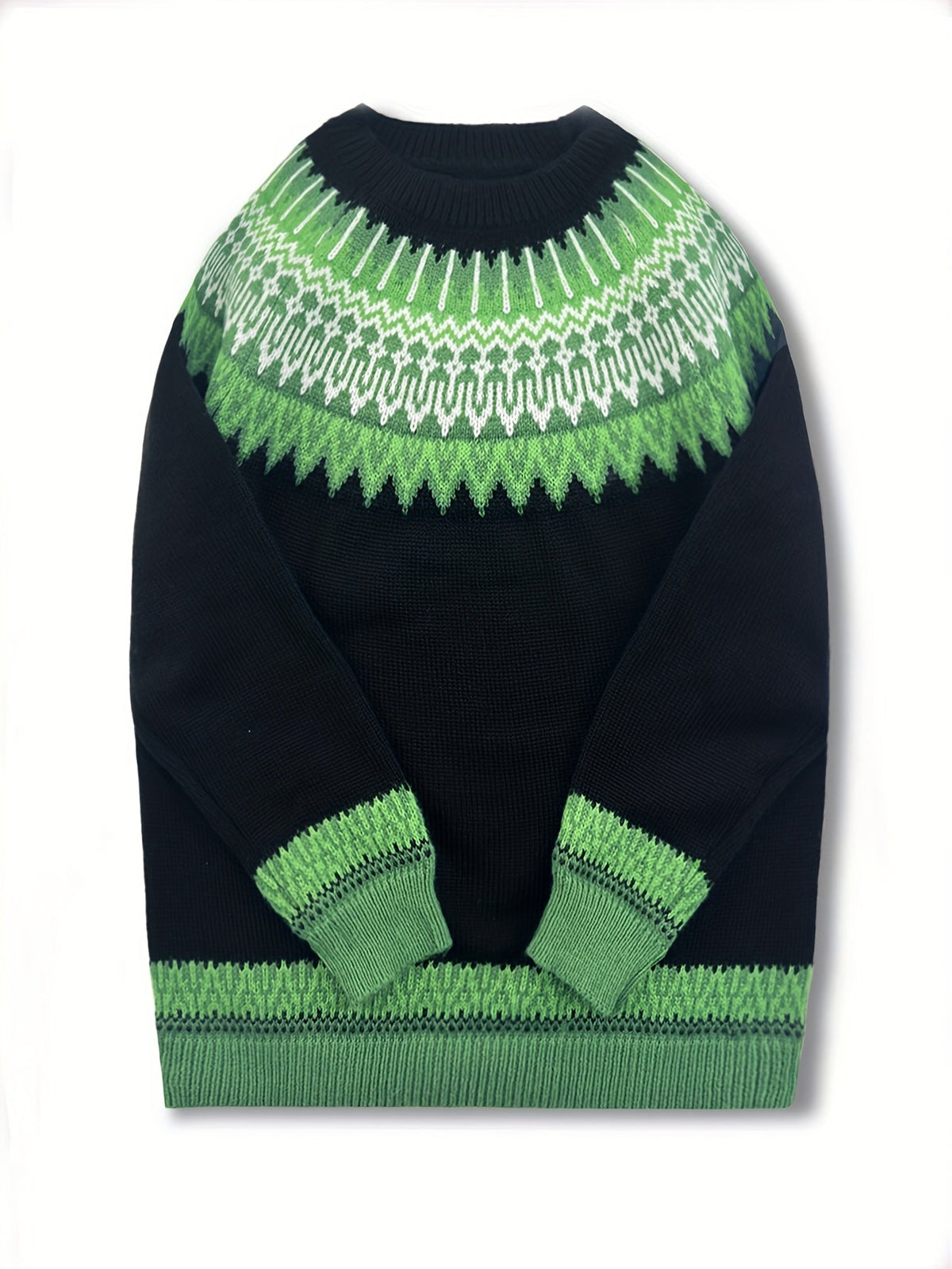 Chunky Knit Sweater with Jacquard Weave Pattern and Round Neck, Hip Length