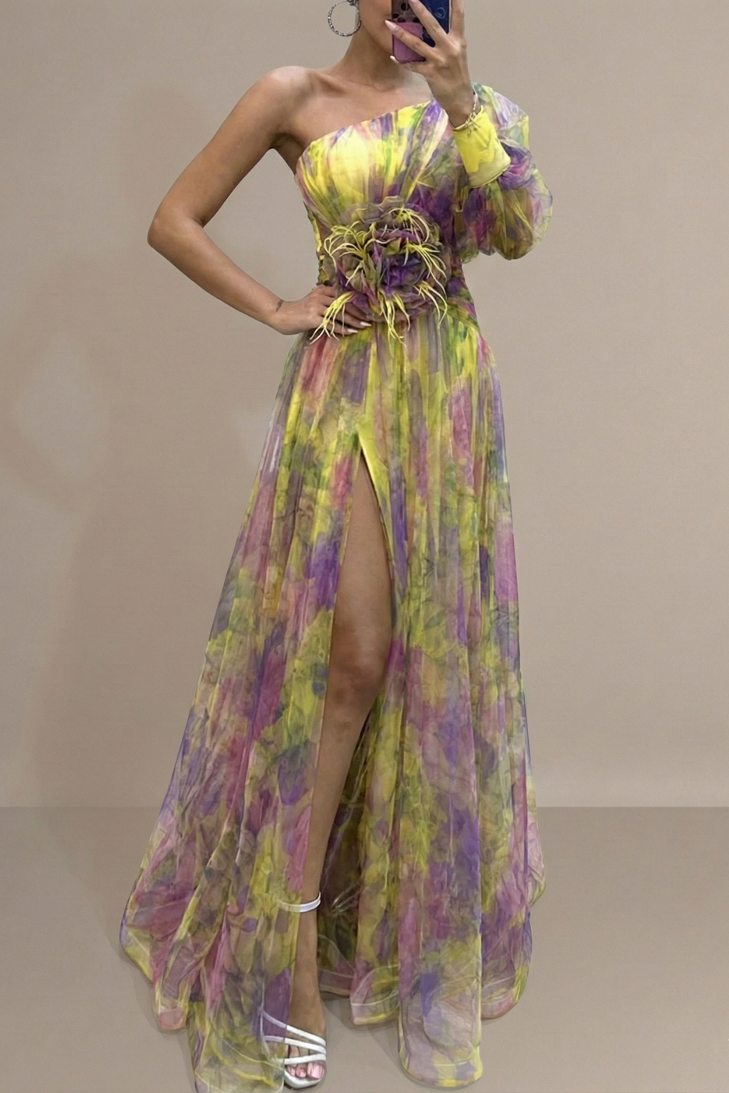 Women’s Floral Maxi Dress with Asymmetric Sleeve High Slit and Waist Detail Elegant Event Style