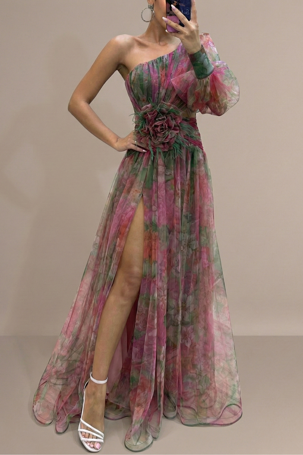 Women’s Floral Maxi Dress with Asymmetric Sleeve High Slit and Waist Detail Elegant Event Style