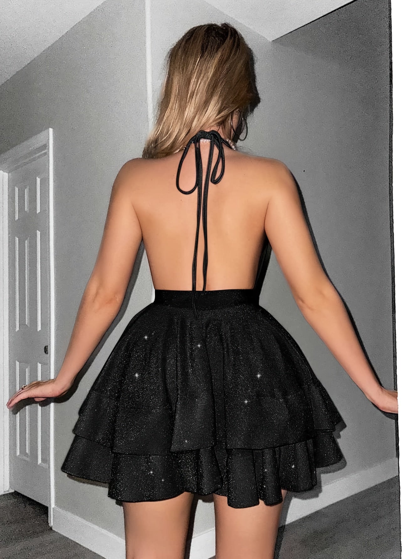 Women's Glitter Halter Neck Mini Dress - Deep V - Cocktail Tiered Skirt