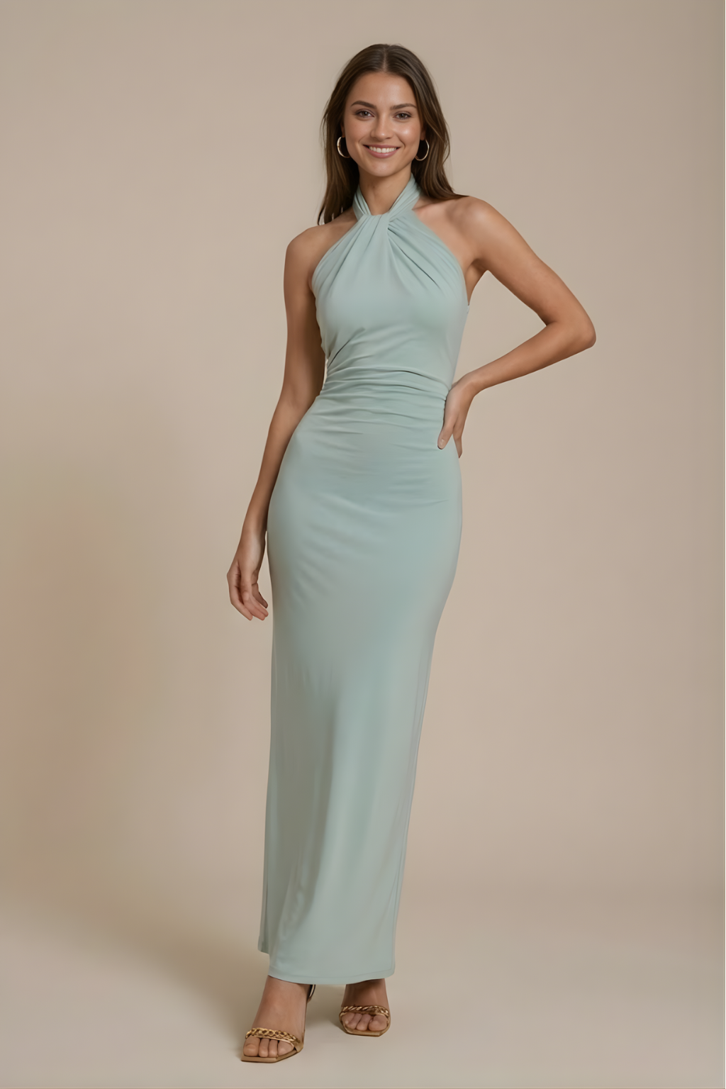 Women’s Elegant Halter Neck Maxi Dress with Sculpted Silhouette for Evening Wear