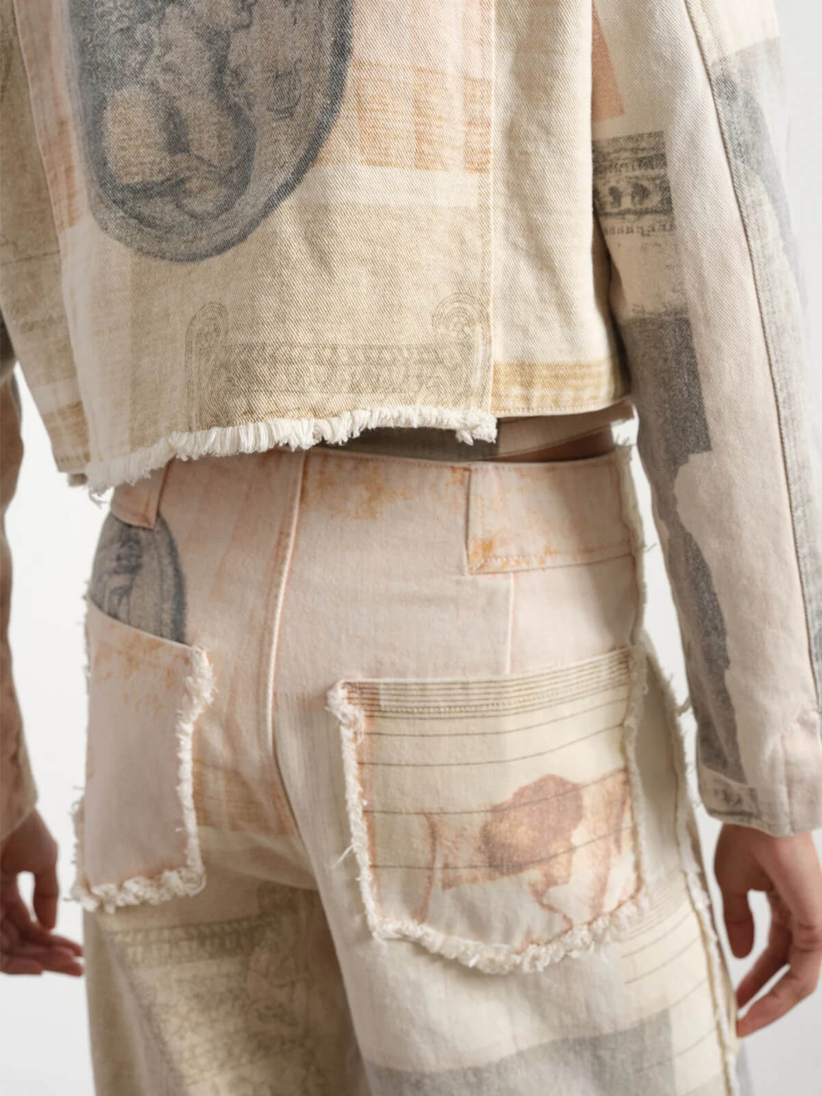 Women's Patchwork Print Wide Leg Jeans - High Rise Button Closure