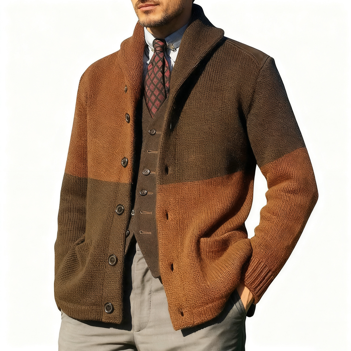 Knitted Jacket with Patchwork Color Blocking and Lapel Collar for Three Season Wear