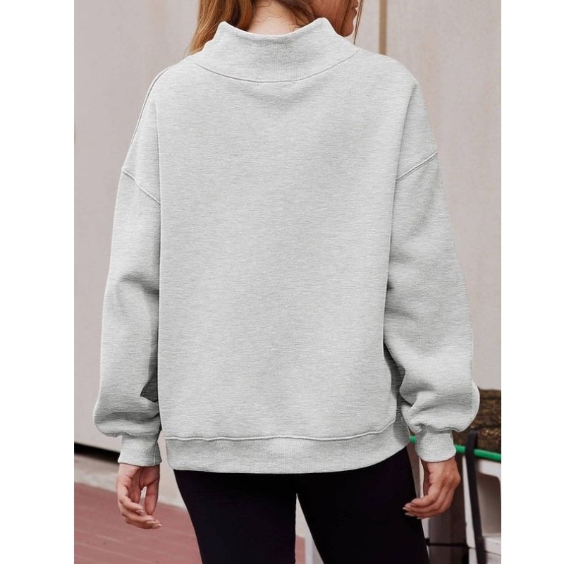 Women's Mock Neck Sweatshirt with Fleece Lining and Drop Shoulder Design, Asymmetric Slit