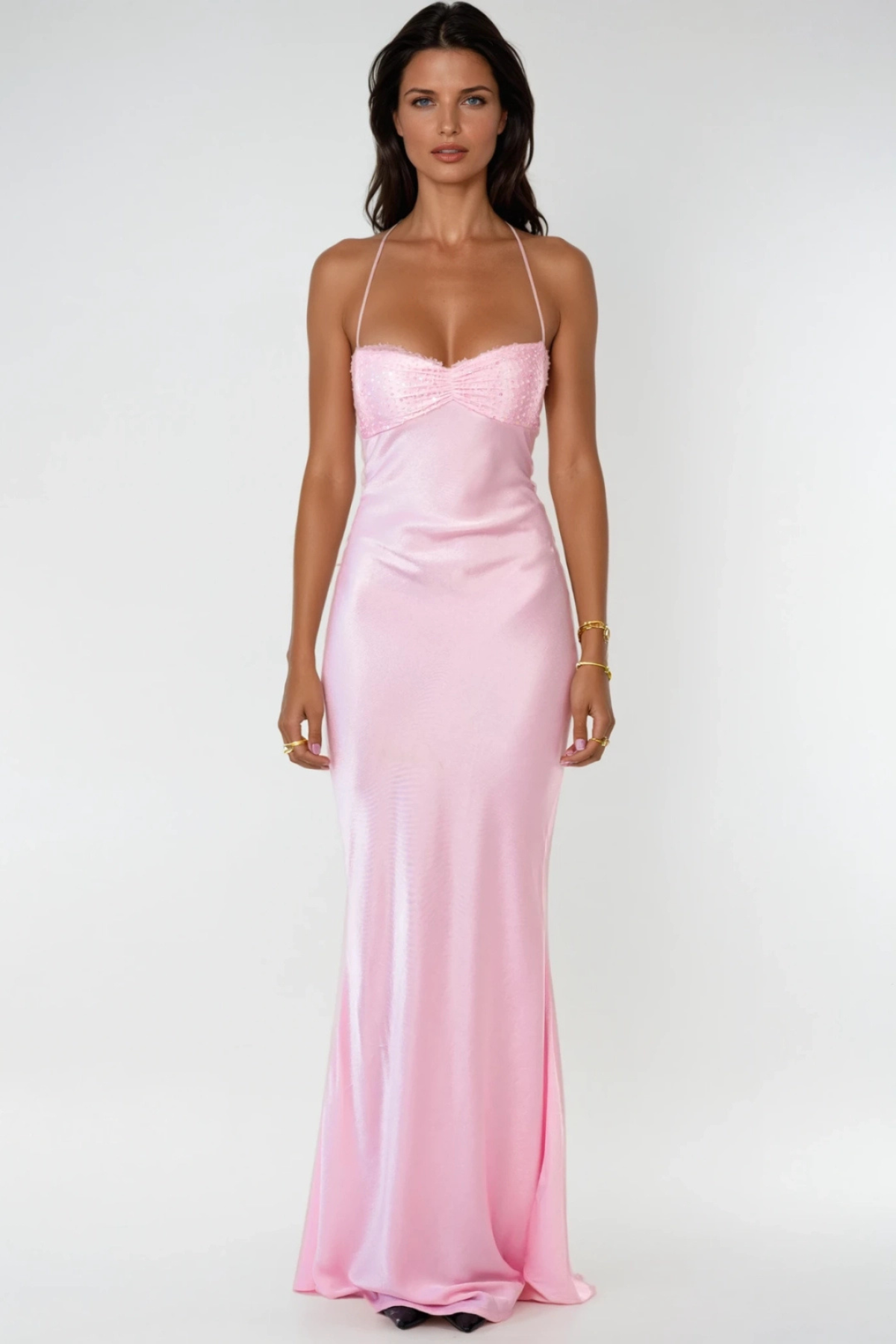 Women's Satin Maxi Dress Halter Neck Lace-Up Back