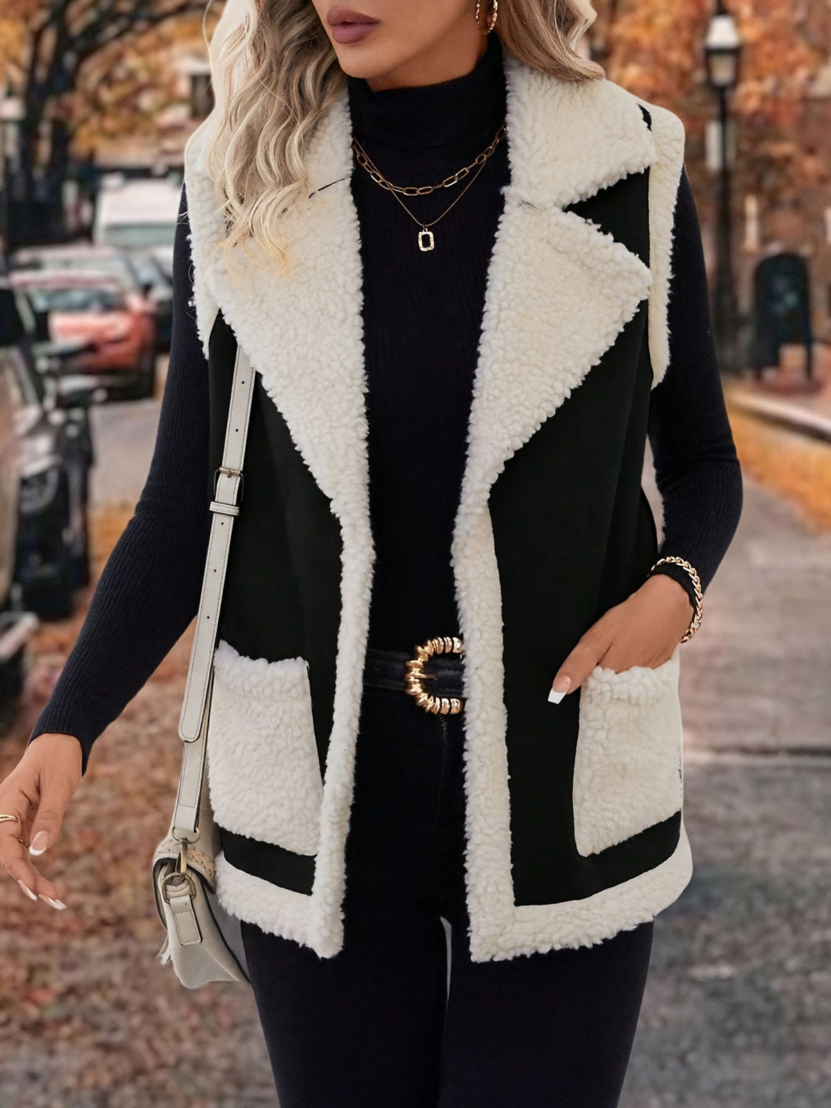 Open Front Vest with Plush Lining and Lapel Collar, Dual Pockets