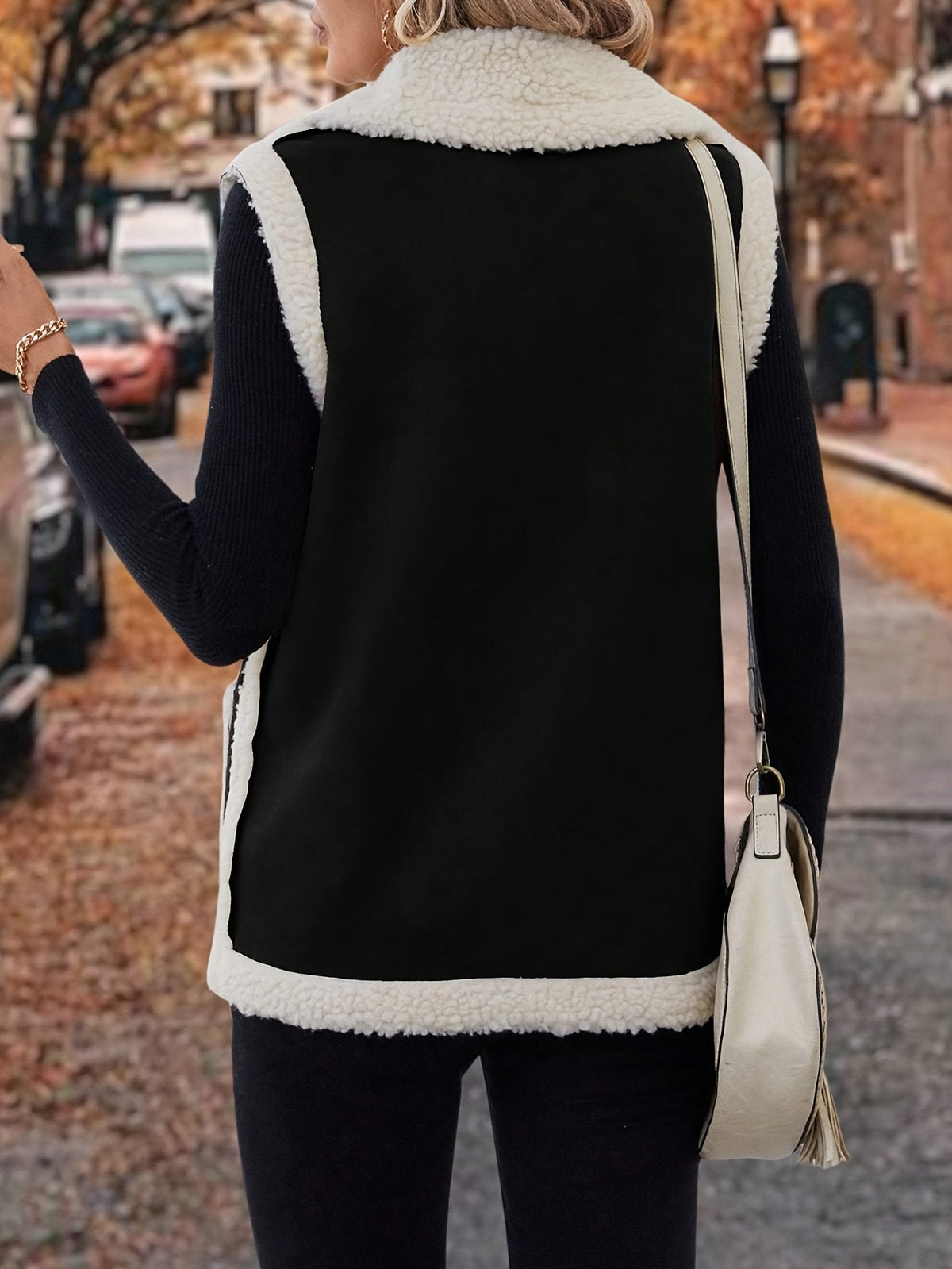 Open Front Vest with Plush Lining and Lapel Collar, Dual Pockets