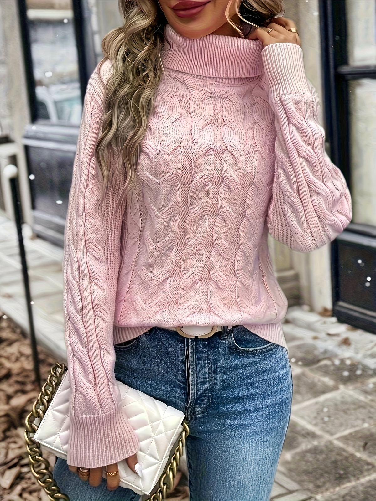 Turtleneck Sweater with Cable Knit Pattern and Relaxed Fit, Full Length Sleeves