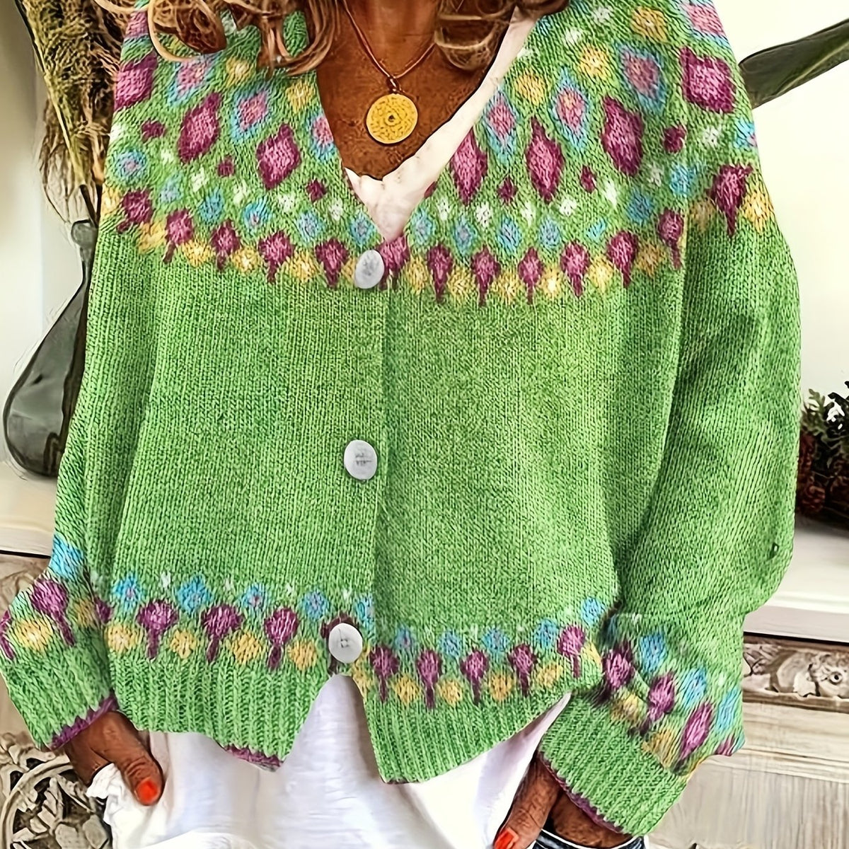 Button Front Cardigan with Nordic Geometric Pattern and V Neckline