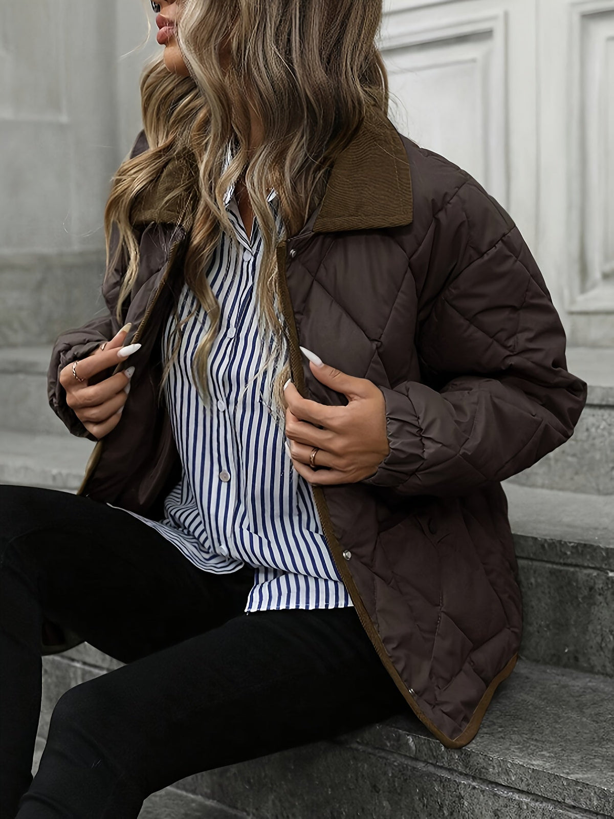 Quilted Jacket with Diamond Stitching and Button Front, Contrast Trim