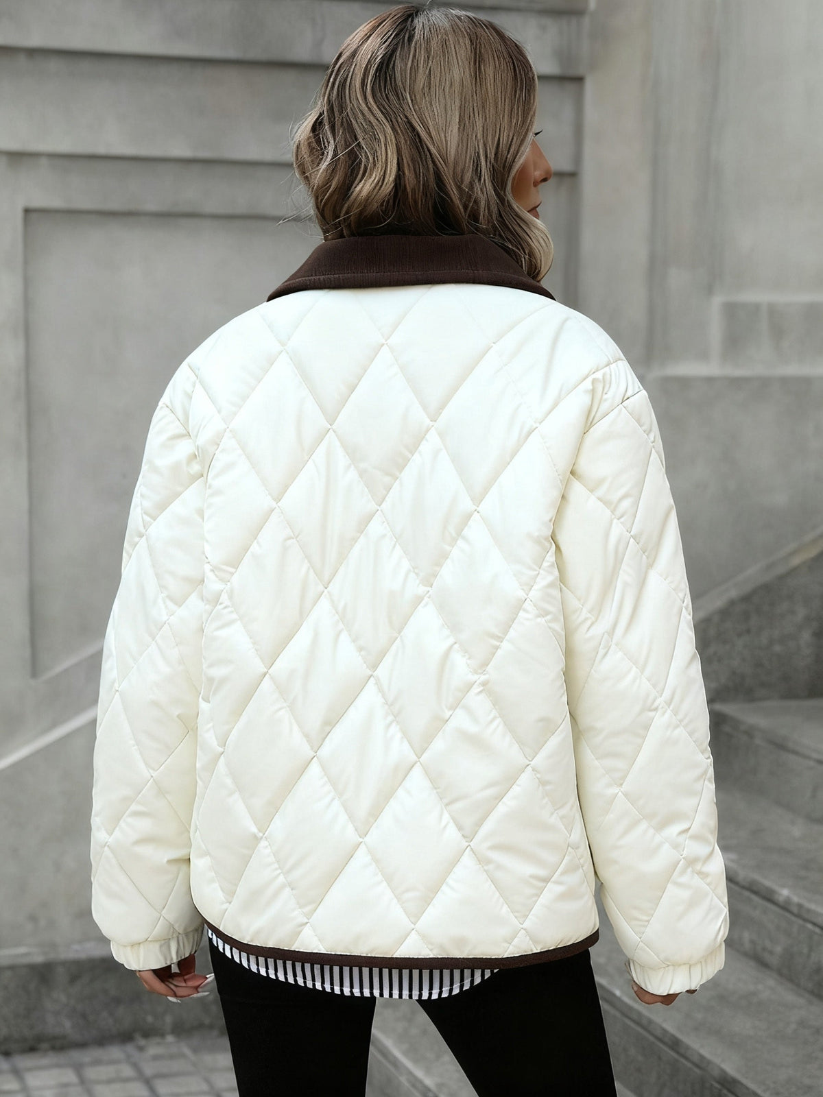 Quilted Jacket with Diamond Stitching and Button Front, Contrast Trim