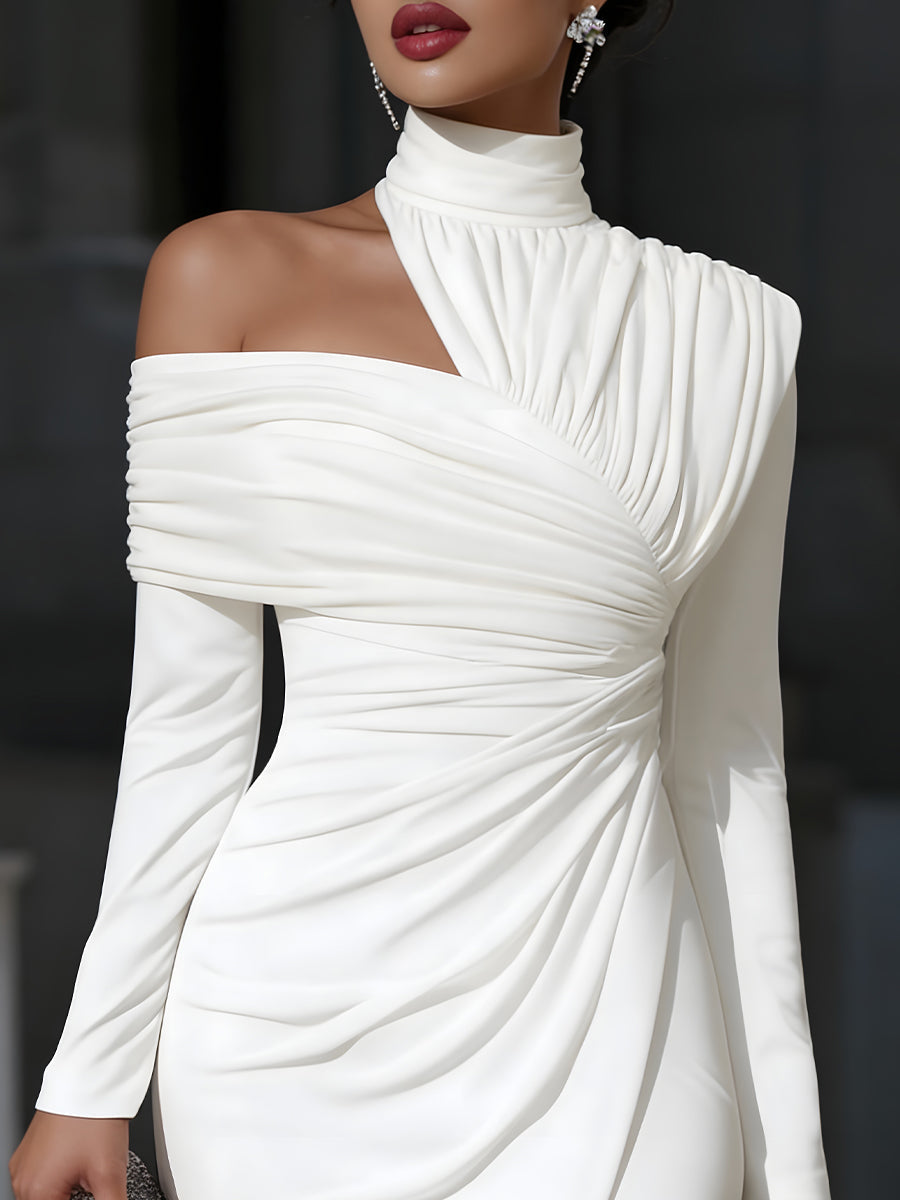 Women's Long Sleeve Midi Dress - High Neck One Shoulder Ruched Bodycon Front Slit Evening Dress