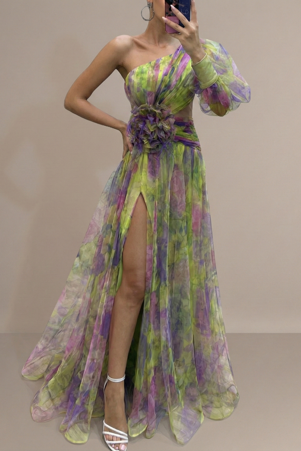 Women’s Floral Maxi Dress with Asymmetric Sleeve High Slit and Waist Detail Elegant Event Style
