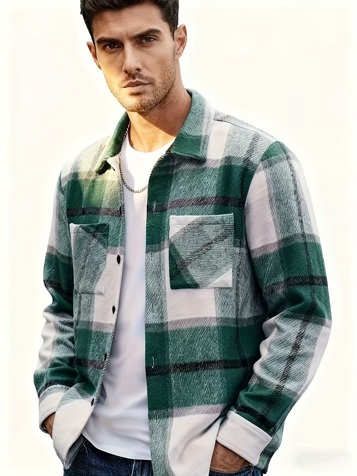 Check Grid Button Front Overshirt with Chest Pockets and Adjustable Cuffs