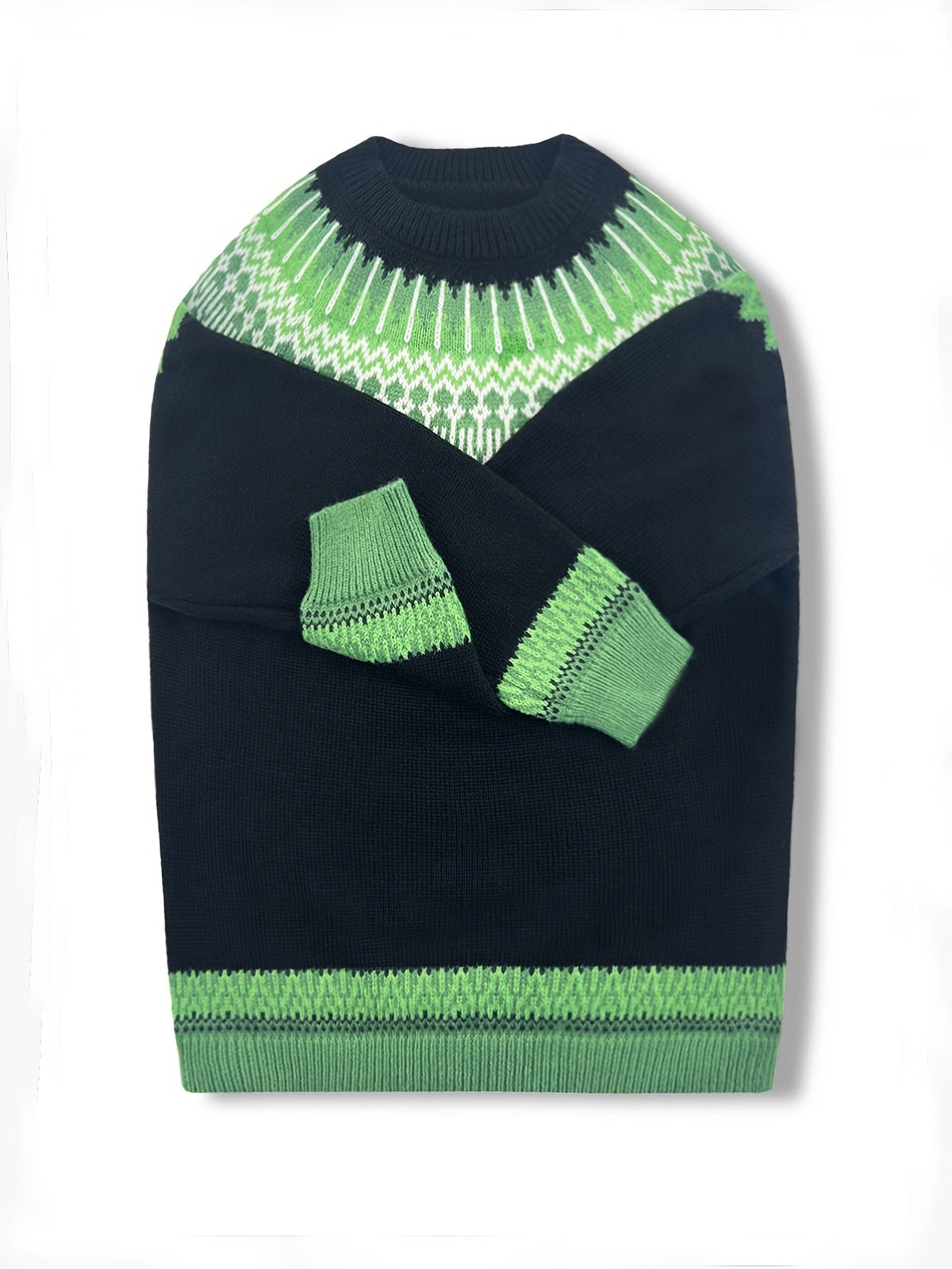 Chunky Knit Sweater with Jacquard Weave Pattern and Round Neck, Hip Length