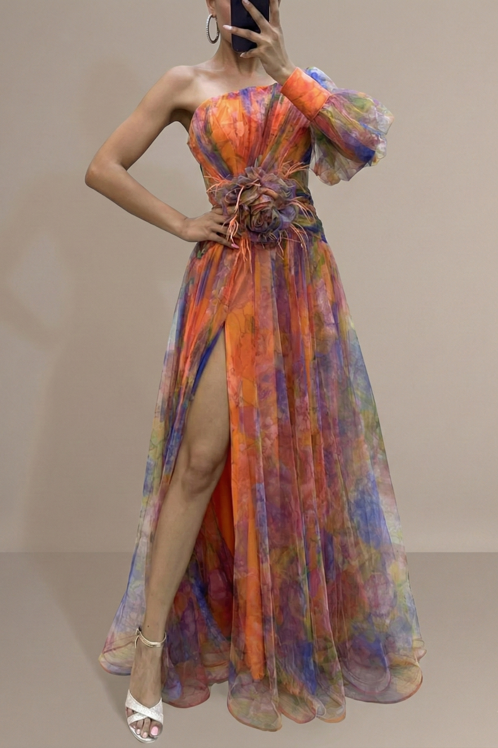 Women’s Floral Maxi Dress with Asymmetric Sleeve High Slit and Waist Detail Elegant Event Style