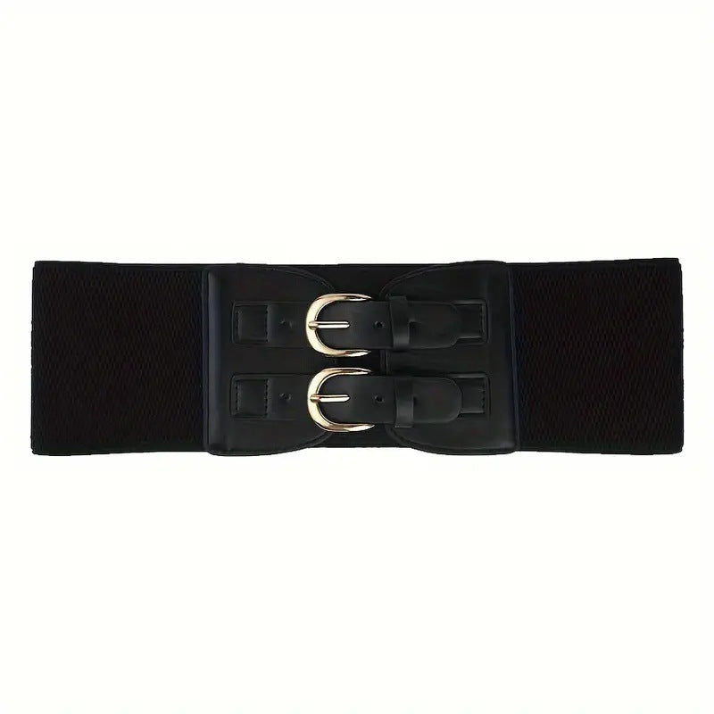 Women's Wide Elastic Waist Belt with Double Gold-Tone Buckle