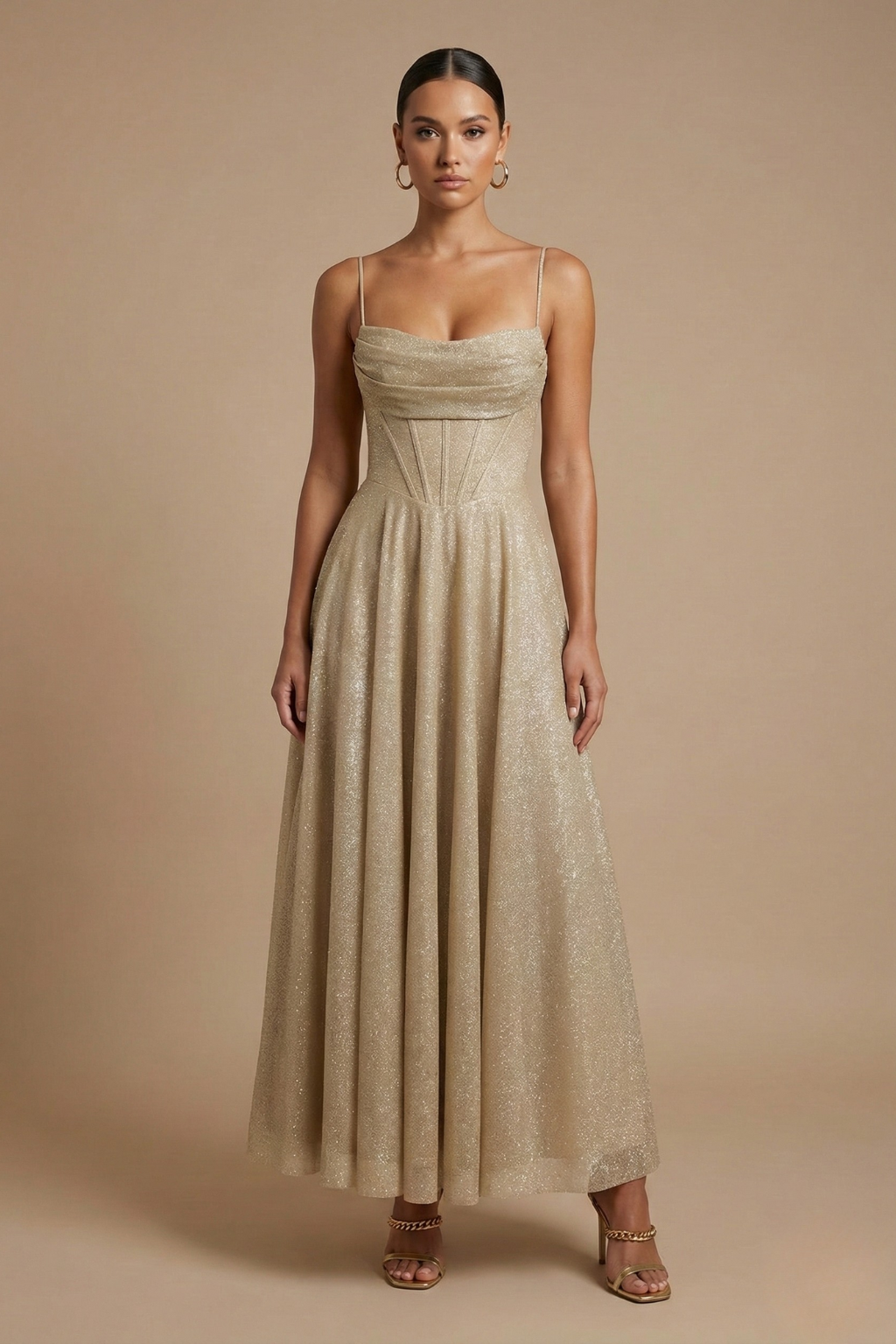 Women’s Spaghetti Strap Maxi Evening Dress with Corset Bodice and Flowing Skirt Elegant Event Style