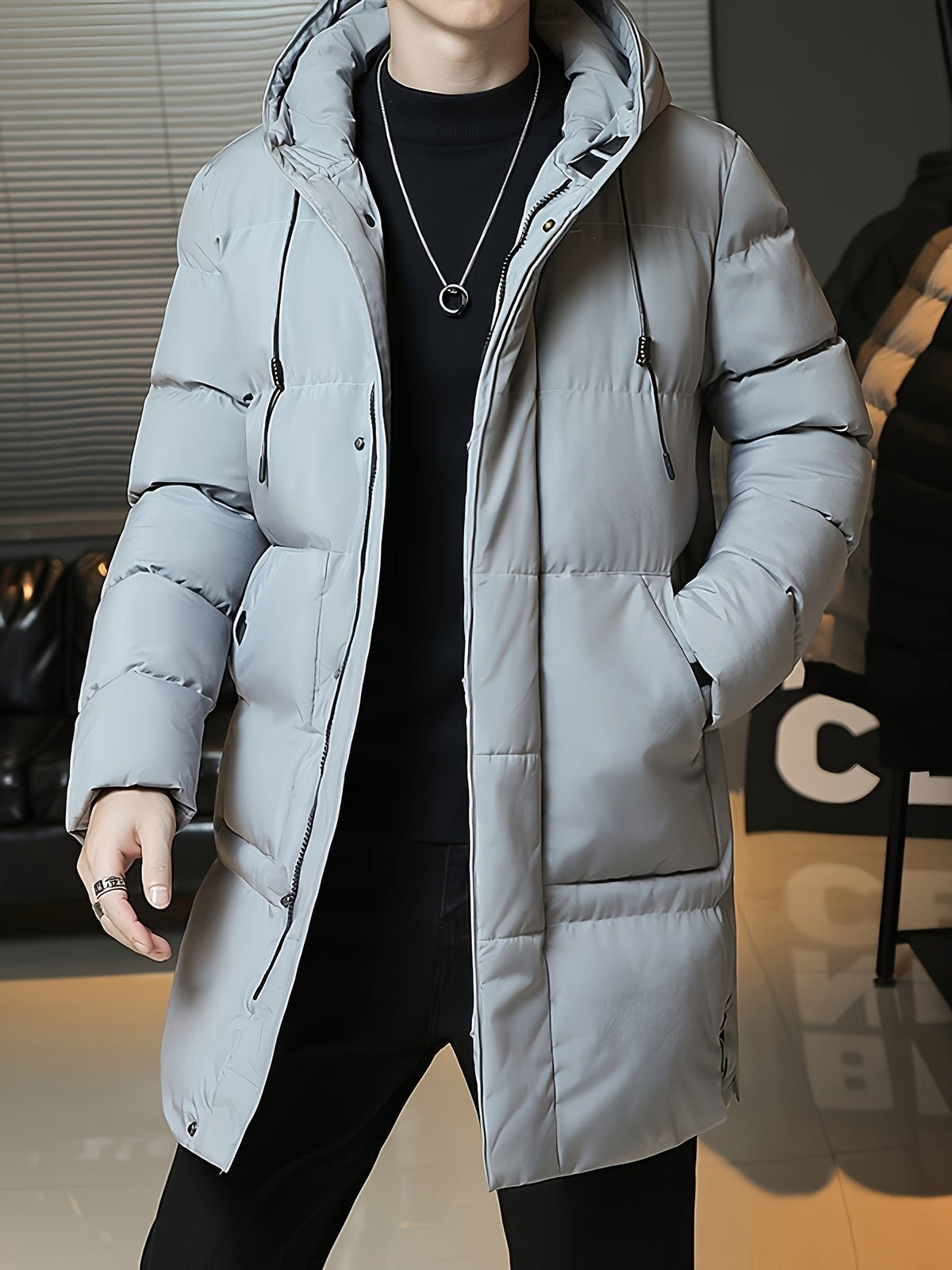 Padded Longline Coat with Adjustable Hood and Full Zipper