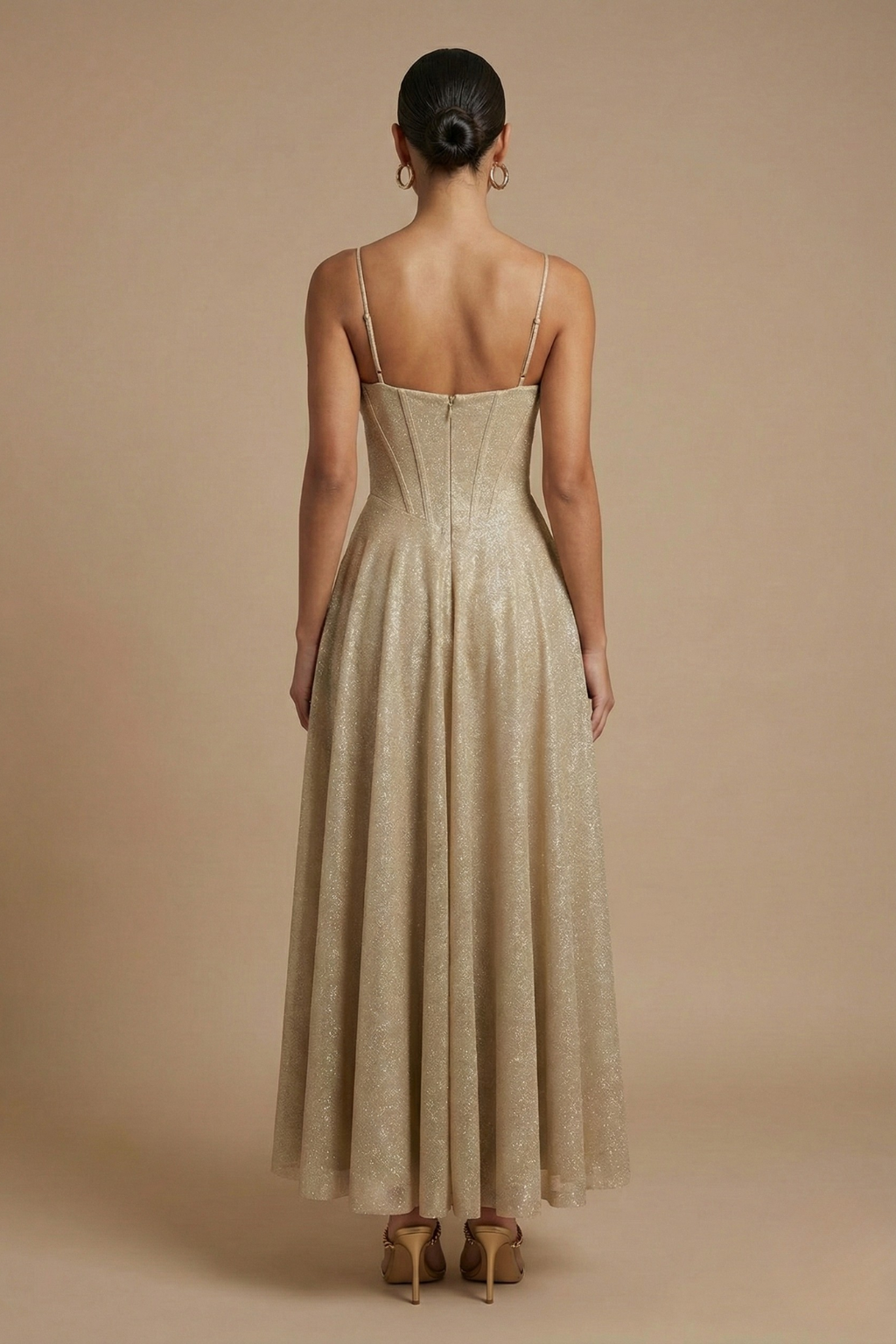 Women’s Spaghetti Strap Maxi Evening Dress with Corset Bodice and Flowing Skirt Elegant Event Style