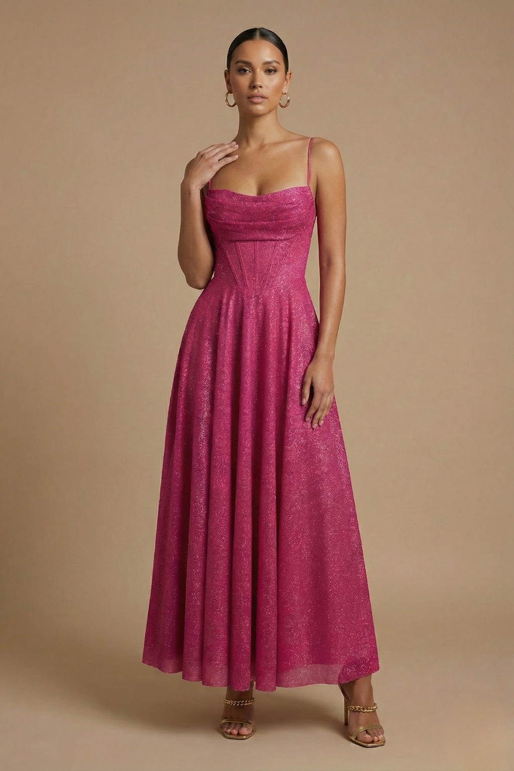 Women’s Spaghetti Strap Maxi Evening Dress with Corset Bodice and Flowing Skirt Elegant Event Style