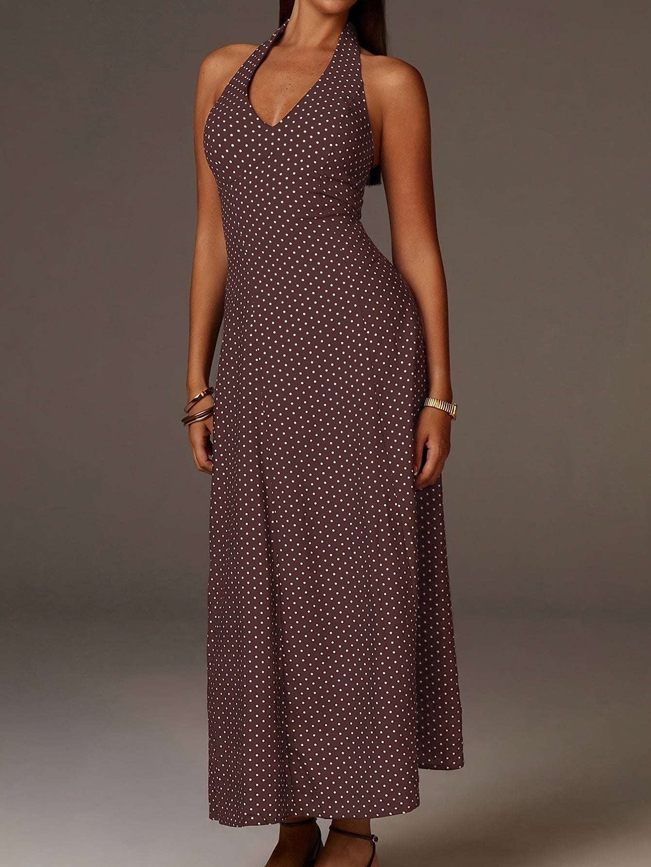Women's Coffee Polka Dot Halter Neck Maxi Dress with Plunge Front and Smocked Back